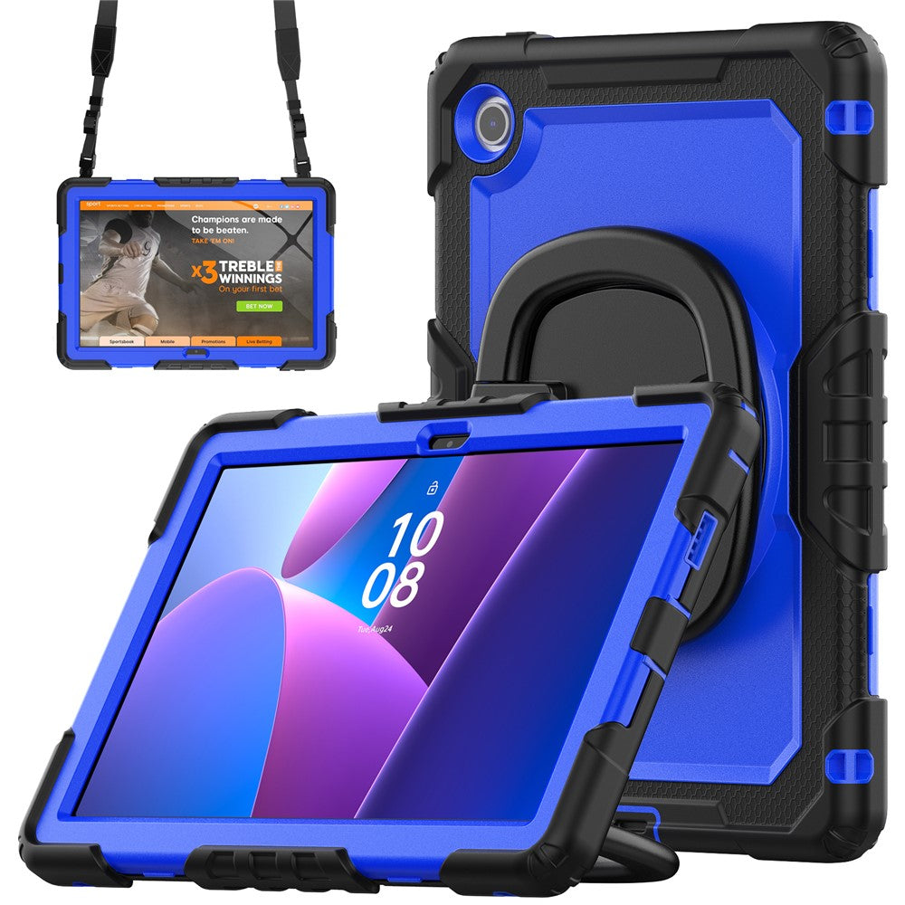 For Lenovo Tab 10.1 (2025) TB-311XU / Tab TB311FU Kickstand Case PC + Silicone Tablet Cover with Shoulder Strap - Black / Dark Blue