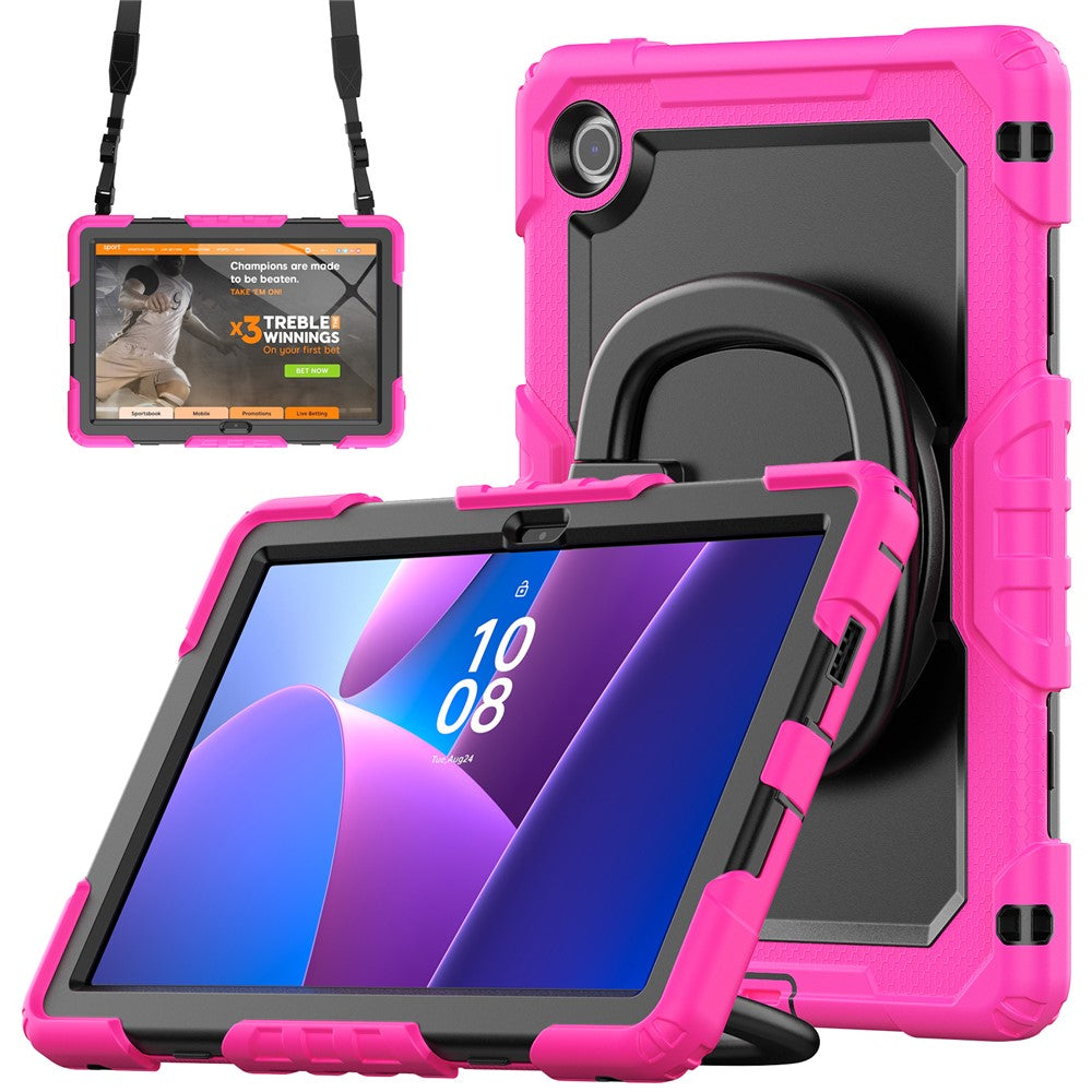 For Lenovo Tab 10.1 (2025) TB-311XU / Tab TB311FU Kickstand Case PC + Silicone Tablet Cover with Shoulder Strap - Rose