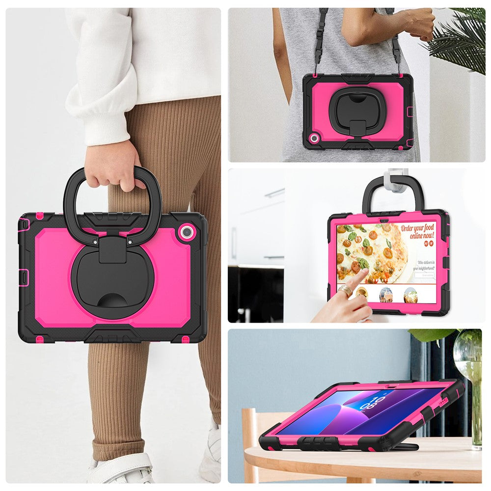For Lenovo Tab 10.1 (2025) TB-311XU / Tab TB311FU Kickstand Case PC + Silicone Tablet Cover with Shoulder Strap - Black / Rose