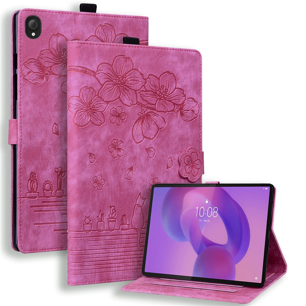 For Lenovo Tab K10C / Tab E10C Case Card Slots Leather Tablet Stand Folio Cover Flower Cat - Rose