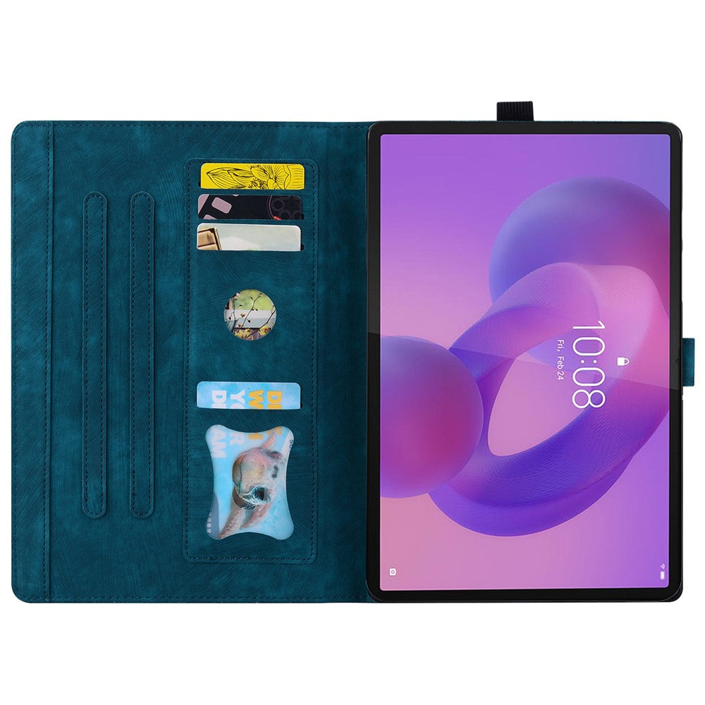 For Lenovo Tab K10C / Tab E10C Case Card Slots Leather Tablet Stand Folio Cover Flower Cat - Blue