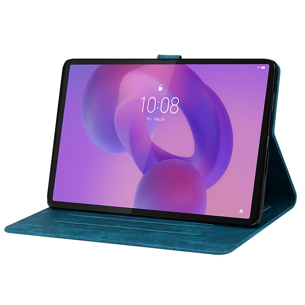 For Lenovo Tab K10C / Tab E10C Case Card Slots Leather Tablet Stand Folio Cover Flower Cat - Blue