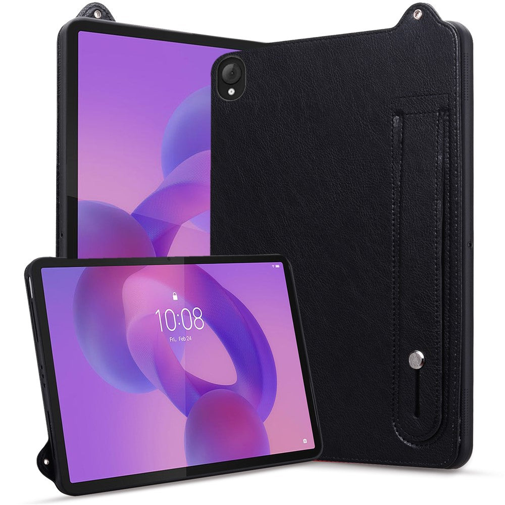 For Lenovo Tab K10C / Tab E10C Case Hand Strap Kickstand Leather Tablet Cover - Black