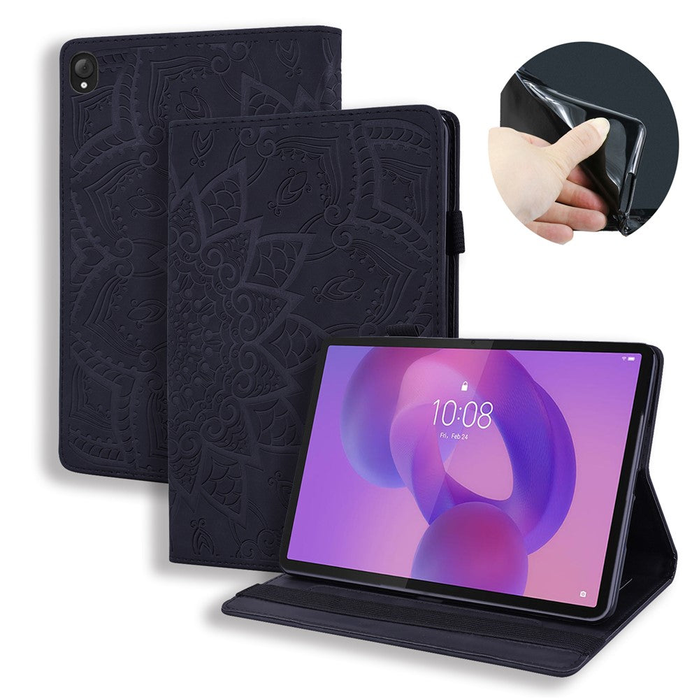 For Lenovo Tab K10C / E10C Tablet Case Card Slots Leather Cover Flower Pattern - Black