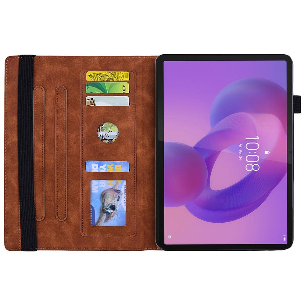 For Lenovo Tab K10C / E10C Tablet Case Card Slots Leather Cover Flower Pattern - Brown