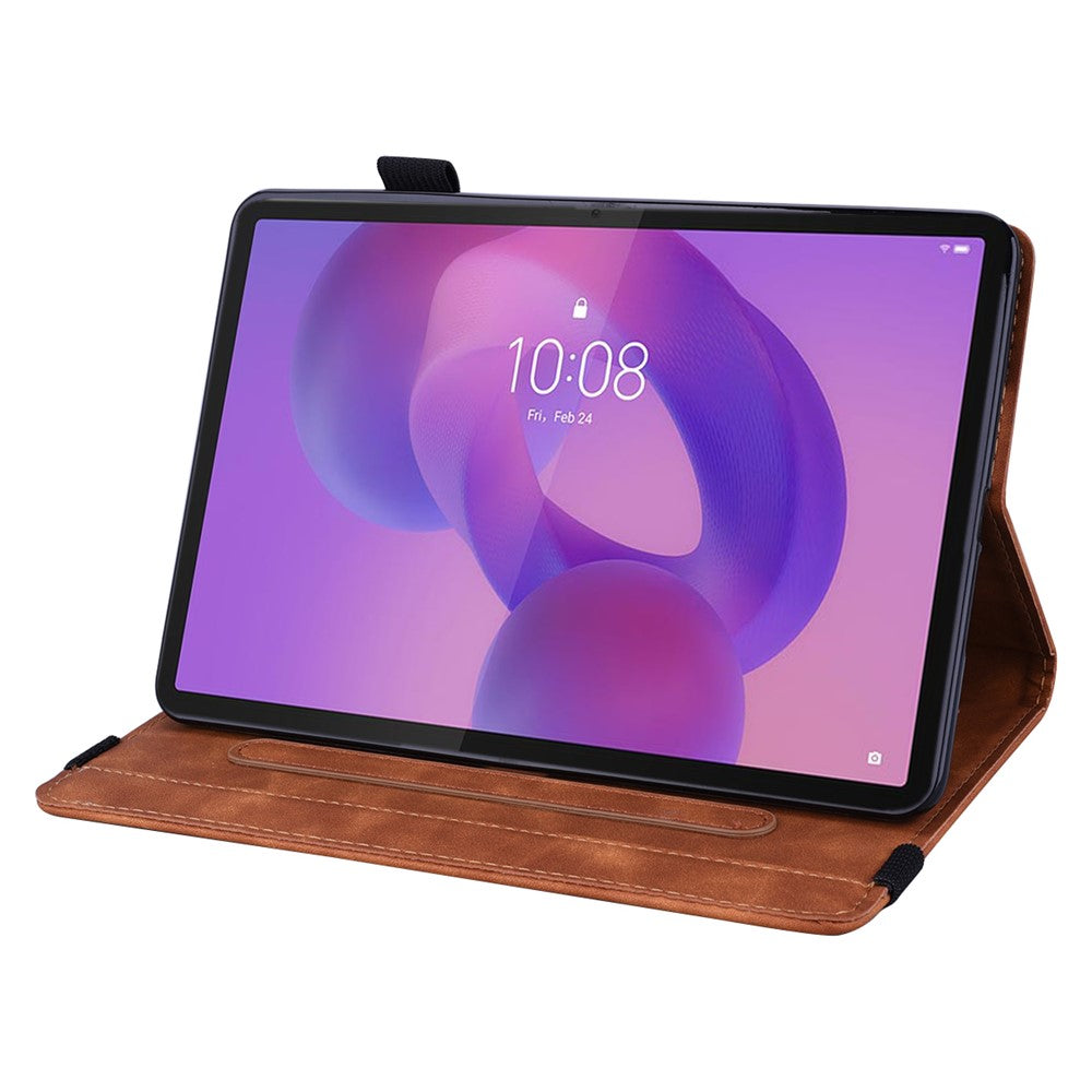 For Lenovo Tab K10C / E10C Tablet Case Card Slots Leather Cover Flower Pattern - Brown