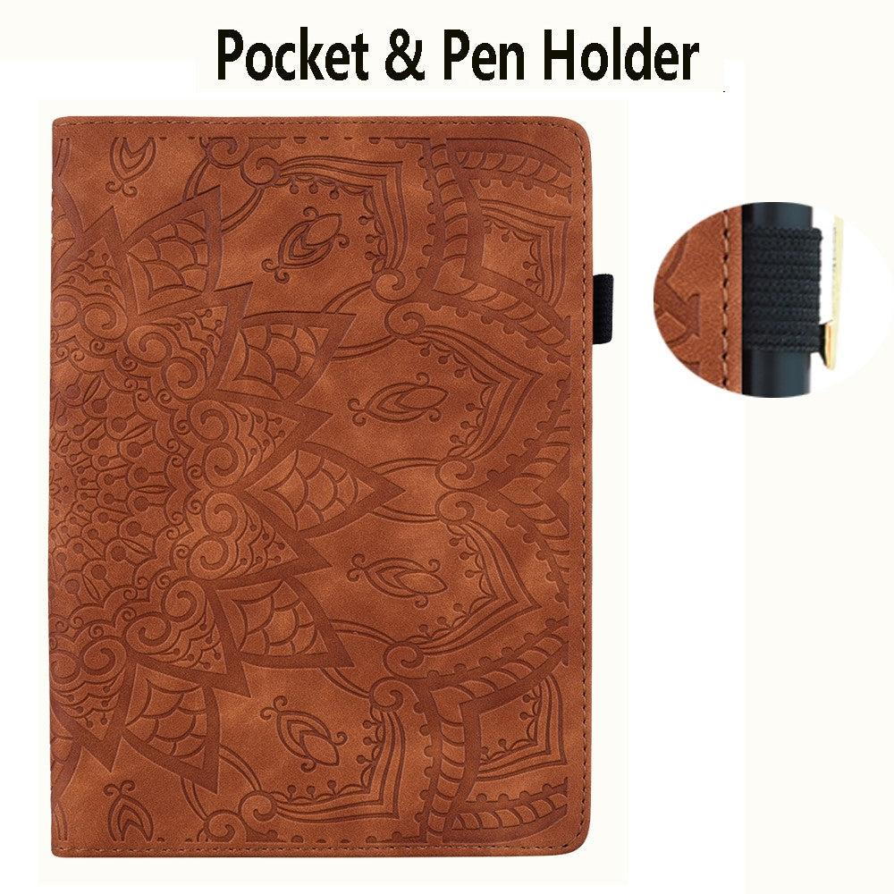 For Lenovo Tab K10C / E10C Tablet Case Card Slots Leather Cover Flower Pattern - Brown