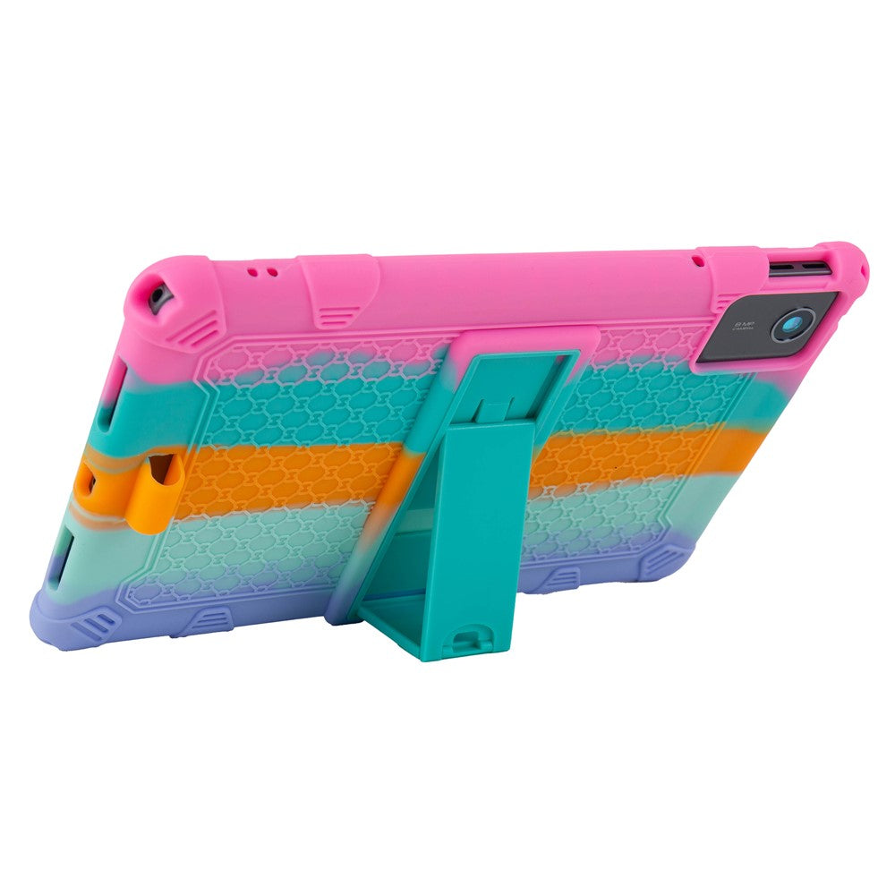 For Lenovo Tab M11 Case Retro Textured PC Kickstand Silicone Tablet Cover with Shoulder Strap - Colorful Pink