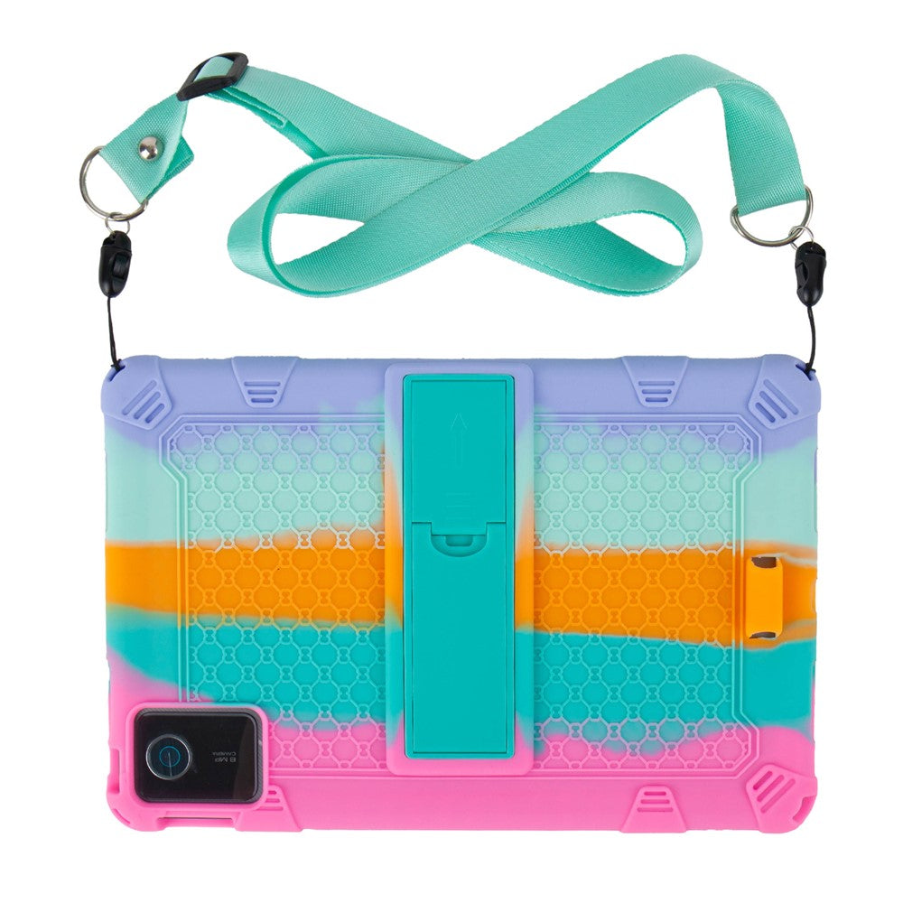 For Lenovo Tab M11 Case Retro Textured PC Kickstand Silicone Tablet Cover with Shoulder Strap - Colorful Pink