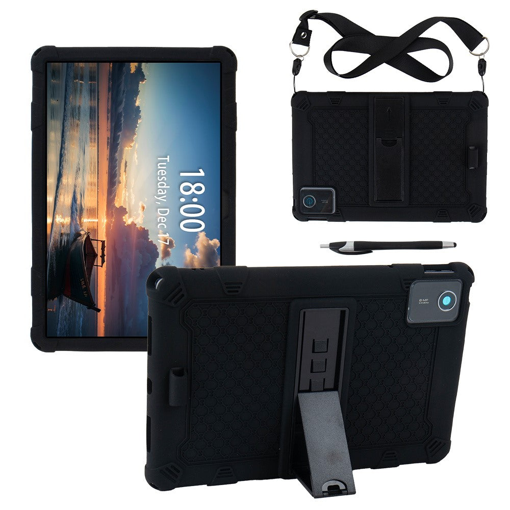 For Lenovo Tab M11 Case Retro Textured PC Kickstand Silicone Tablet Cover with Shoulder Strap - Black
