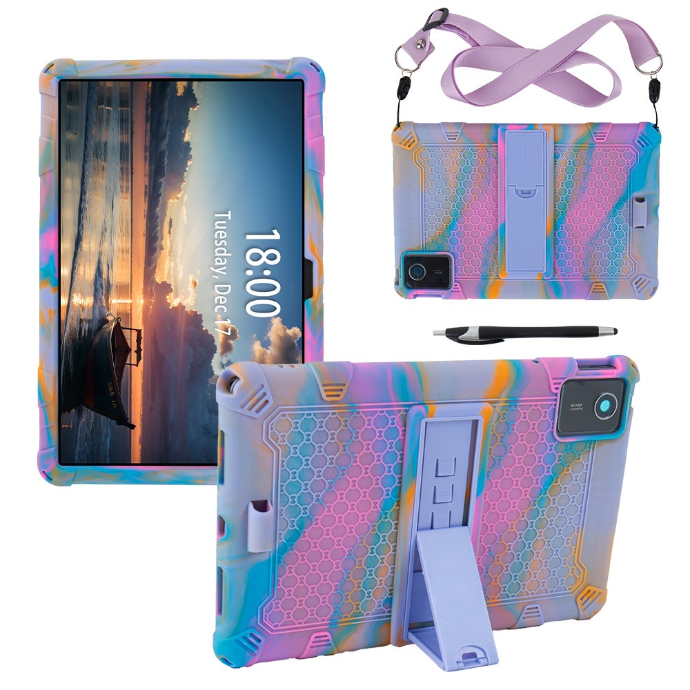 For Lenovo Tab M11 Case Retro Textured PC Kickstand Silicone Tablet Cover with Shoulder Strap - Colorful Purple