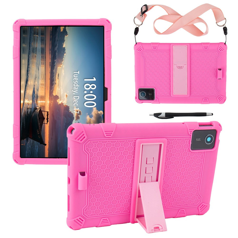 For Lenovo Tab M11 Case Retro Textured PC Kickstand Silicone Tablet Cover with Shoulder Strap - Pink