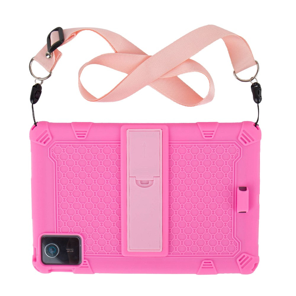 For Lenovo Tab M11 Case Retro Textured PC Kickstand Silicone Tablet Cover with Shoulder Strap - Pink