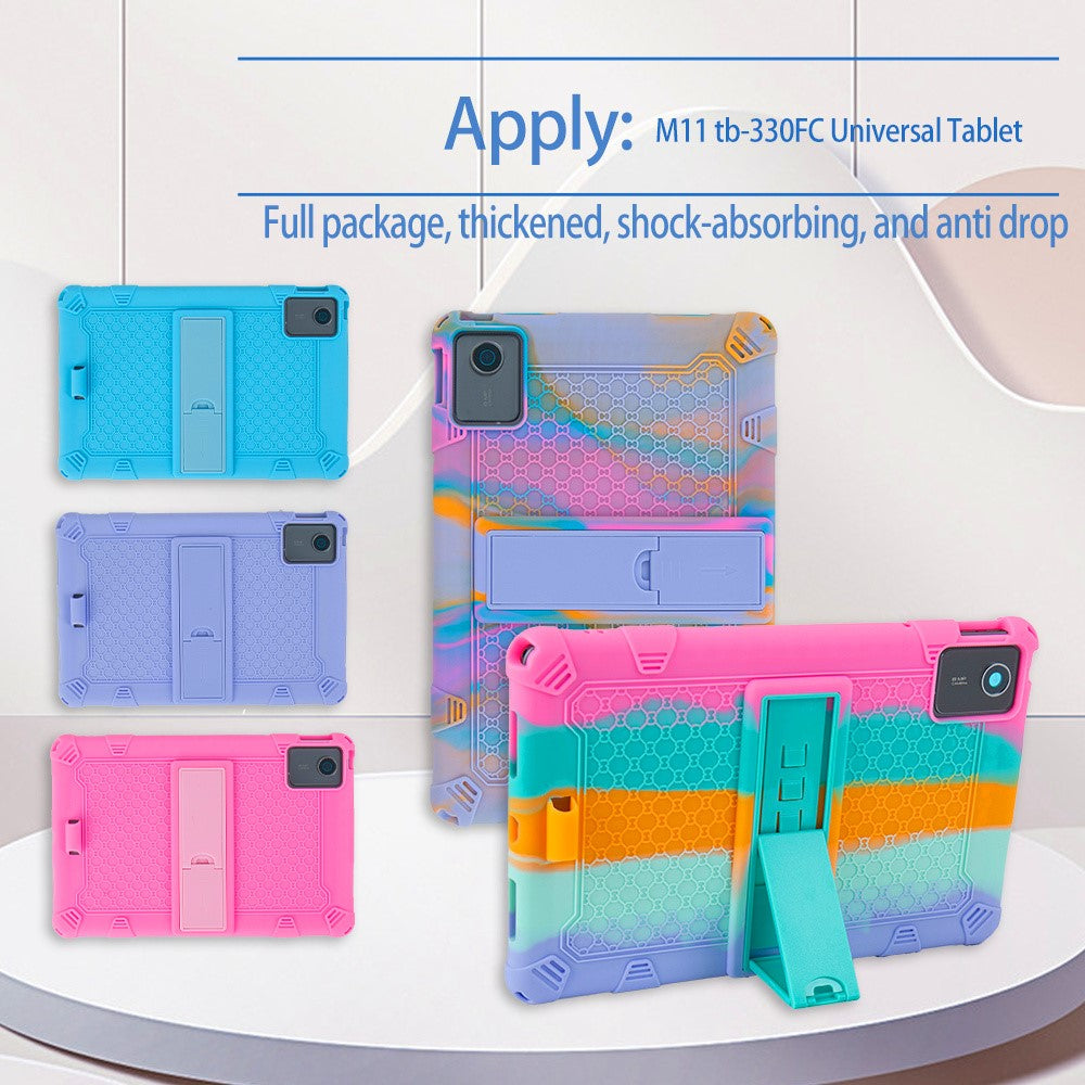 For Lenovo Tab M11 Case Retro Textured PC Kickstand Silicone Tablet Cover with Shoulder Strap - Pink