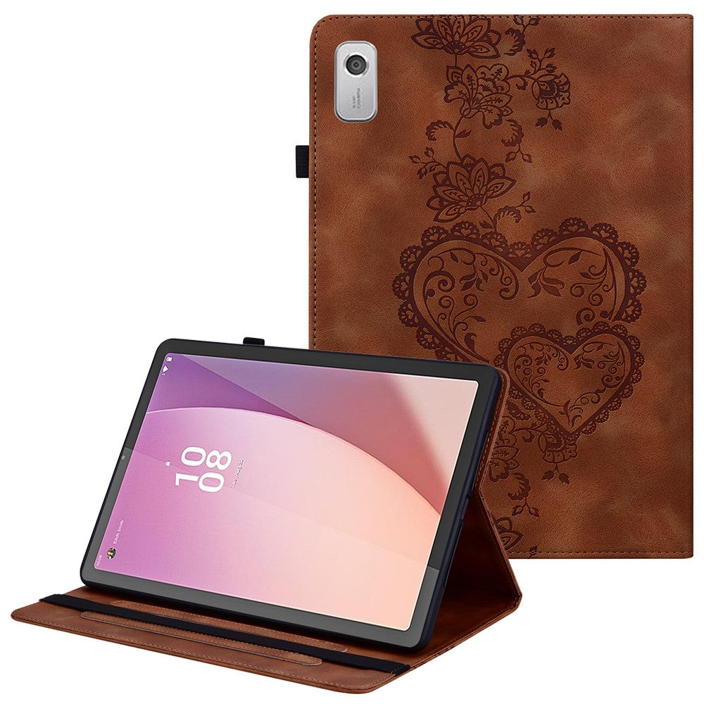For Lenovo Tab M9 Leather Case Heart Imprint Foldable Stand Card Slot Stylus Holder Tablet Cover - Brown