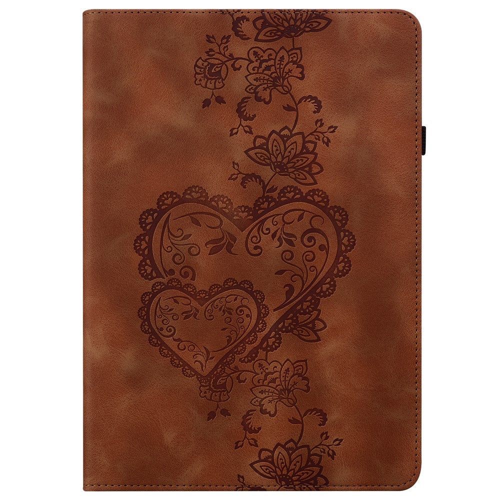 For Lenovo Tab M9 Leather Case Heart Imprint Foldable Stand Card Slot Stylus Holder Tablet Cover - Brown