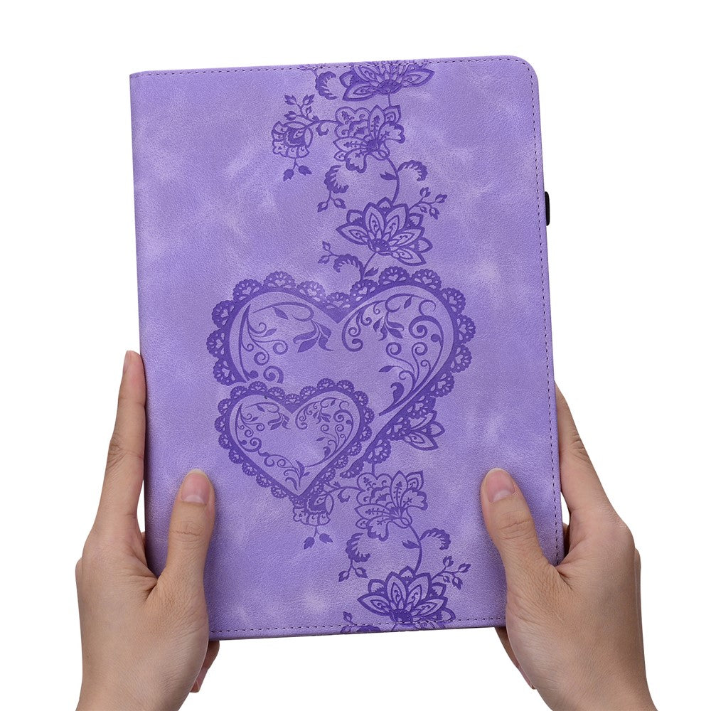 For Lenovo Tab M9 Leather Case Heart Imprint Foldable Stand Card Slot Stylus Holder Tablet Cover - Purple