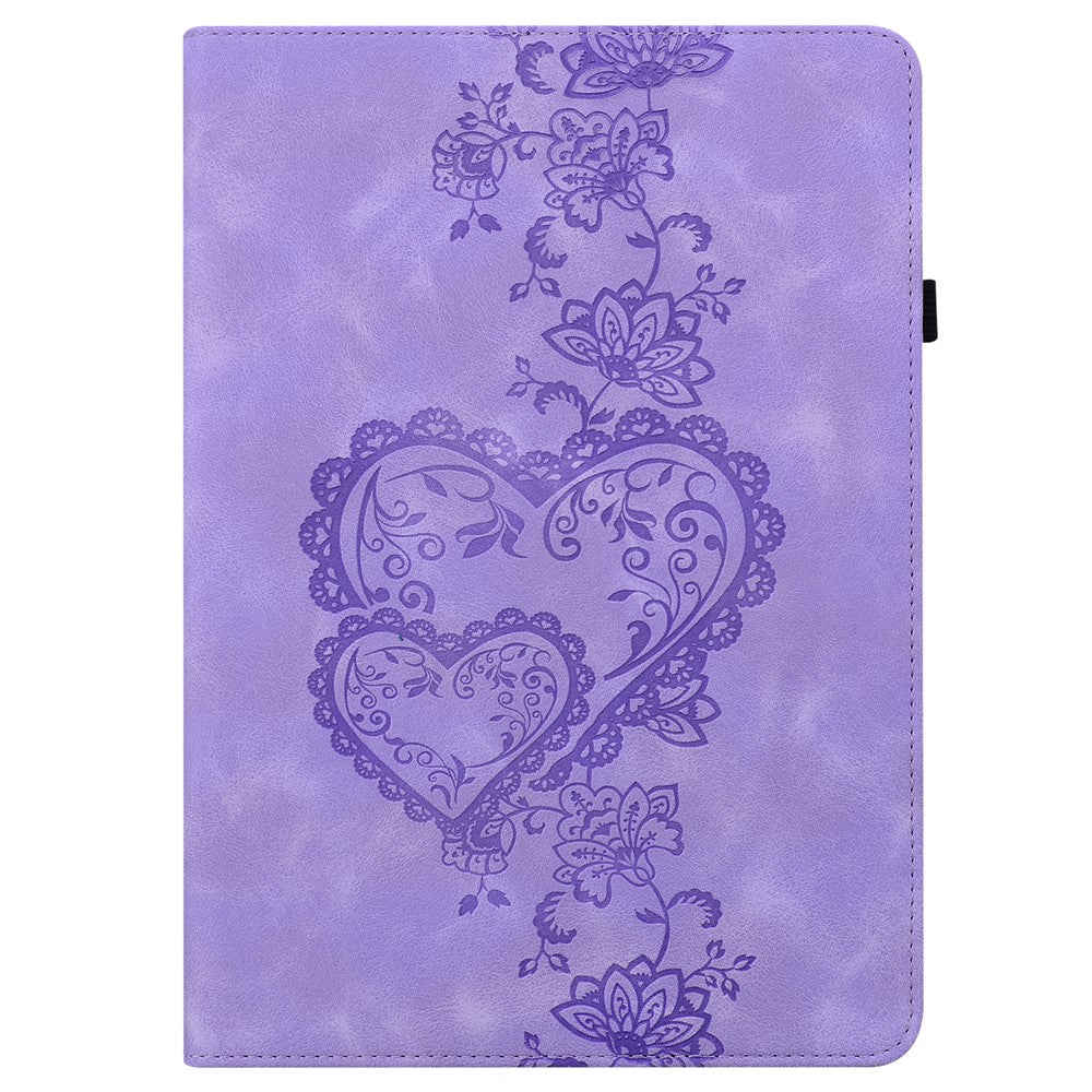 For Lenovo Tab M9 Leather Case Heart Imprint Foldable Stand Card Slot Stylus Holder Tablet Cover - Purple