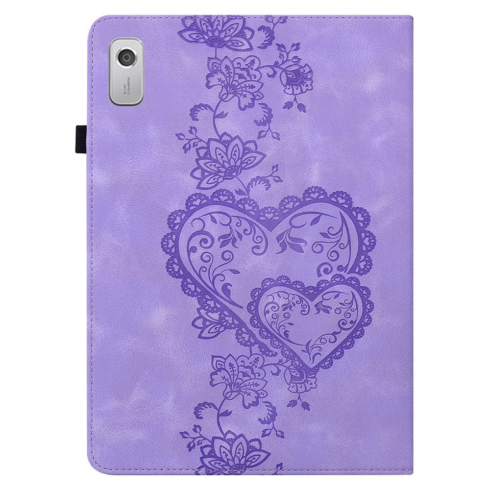 For Lenovo Tab M9 Leather Case Heart Imprint Foldable Stand Card Slot Stylus Holder Tablet Cover - Purple