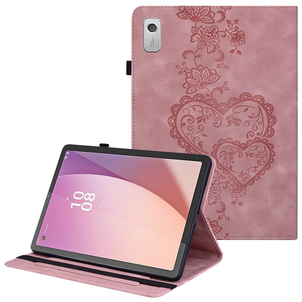 For Lenovo Tab M9 Leather Case Heart Imprint Foldable Stand Card Slot Stylus Holder Tablet Cover - Pink