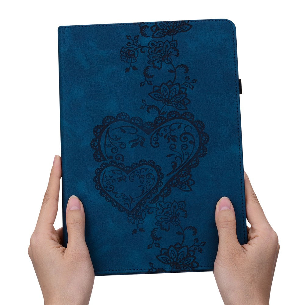 For Lenovo Tab M9 Leather Case Heart Imprint Foldable Stand Card Slot Stylus Holder Tablet Cover - Blue