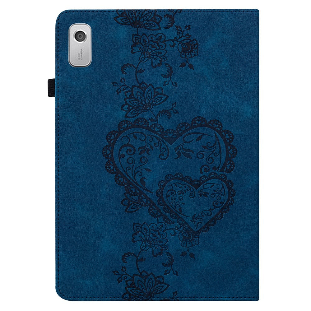 For Lenovo Tab M9 Leather Case Heart Imprint Foldable Stand Card Slot Stylus Holder Tablet Cover - Blue