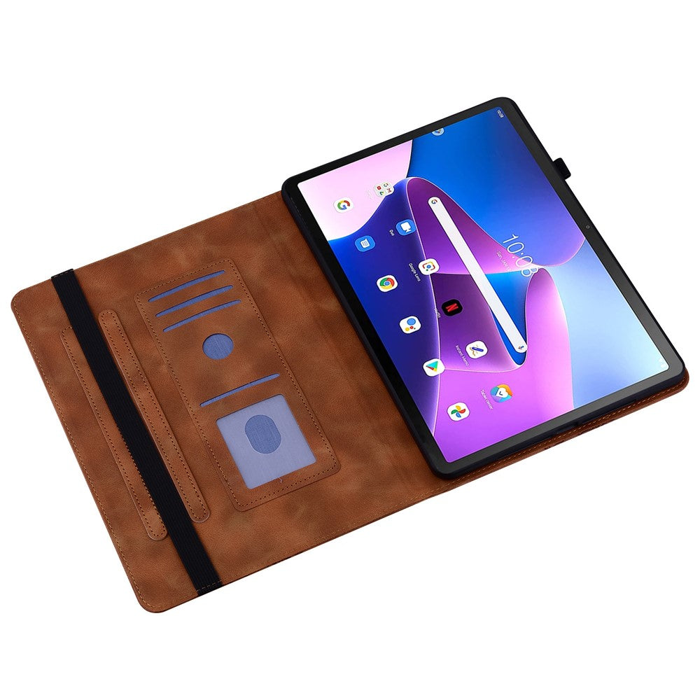 For Lenovo Tab M10 (Gen 3) Leather Case Heart Imprint Foldable Stand Card Slot Stylus Holder Tablet Cover - Brown