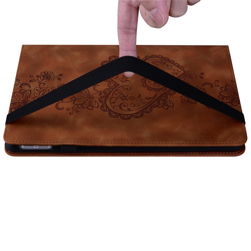 For Lenovo Tab M10 (Gen 3) Leather Case Heart Imprint Foldable Stand Card Slot Stylus Holder Tablet Cover - Brown