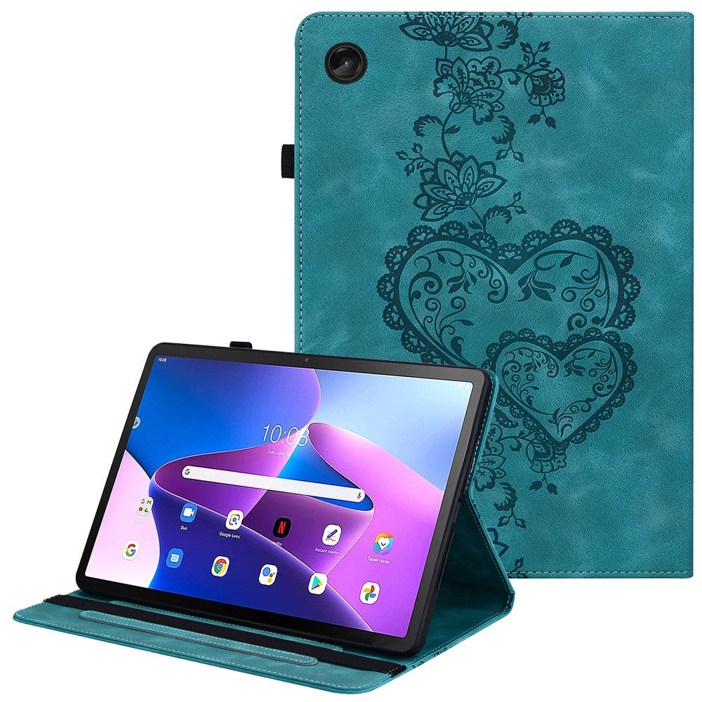 For Lenovo Tab M10 (Gen 3) Leather Case Heart Imprint Foldable Stand Card Slot Stylus Holder Tablet Cover - Green