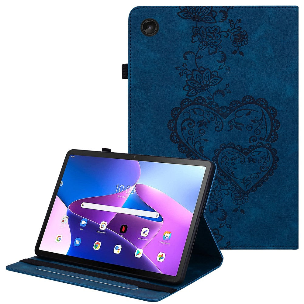 For Lenovo Tab M10 (Gen 3) Leather Case Heart Imprint Foldable Stand Card Slot Stylus Holder Tablet Cover - Blue