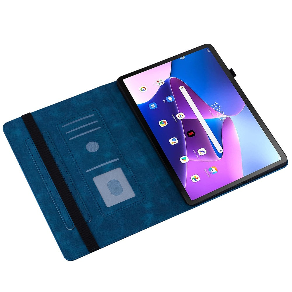 For Lenovo Tab M10 (Gen 3) Leather Case Heart Imprint Foldable Stand Card Slot Stylus Holder Tablet Cover - Blue