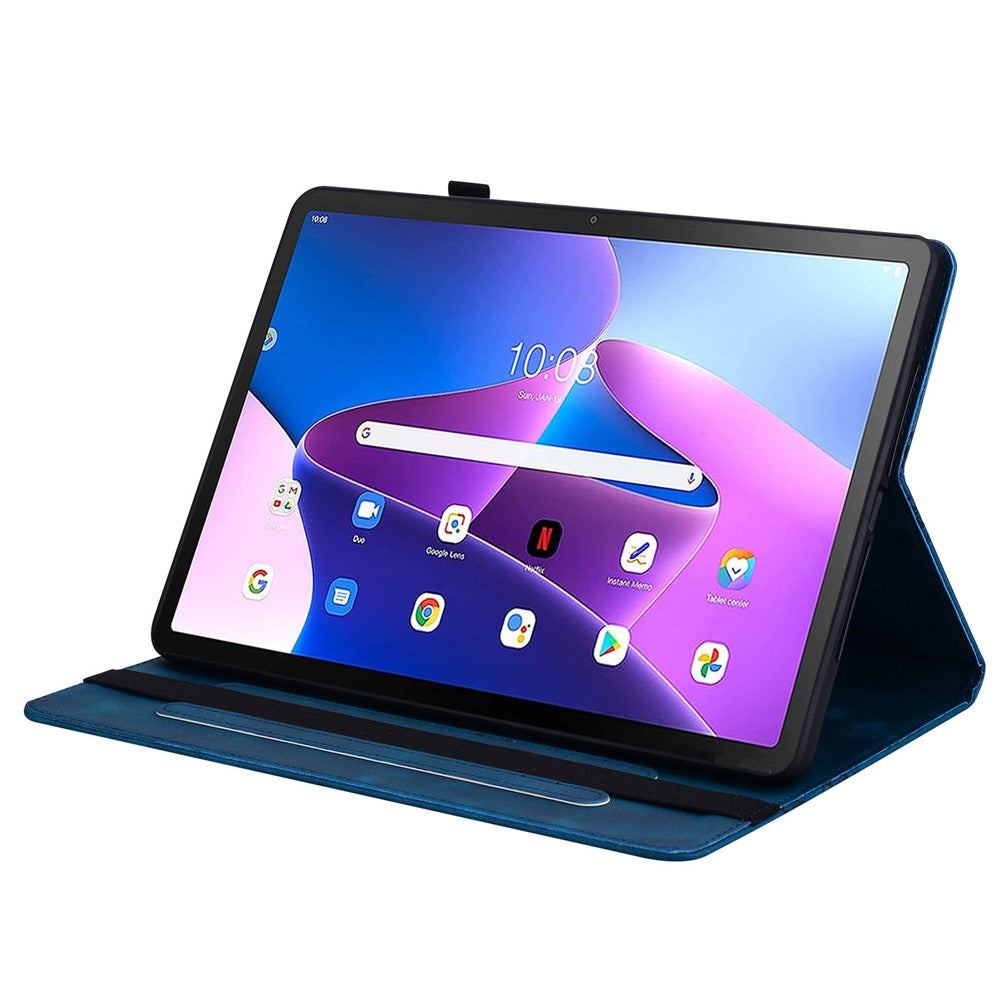 For Lenovo Tab M10 (Gen 3) Leather Case Heart Imprint Foldable Stand Card Slot Stylus Holder Tablet Cover - Blue