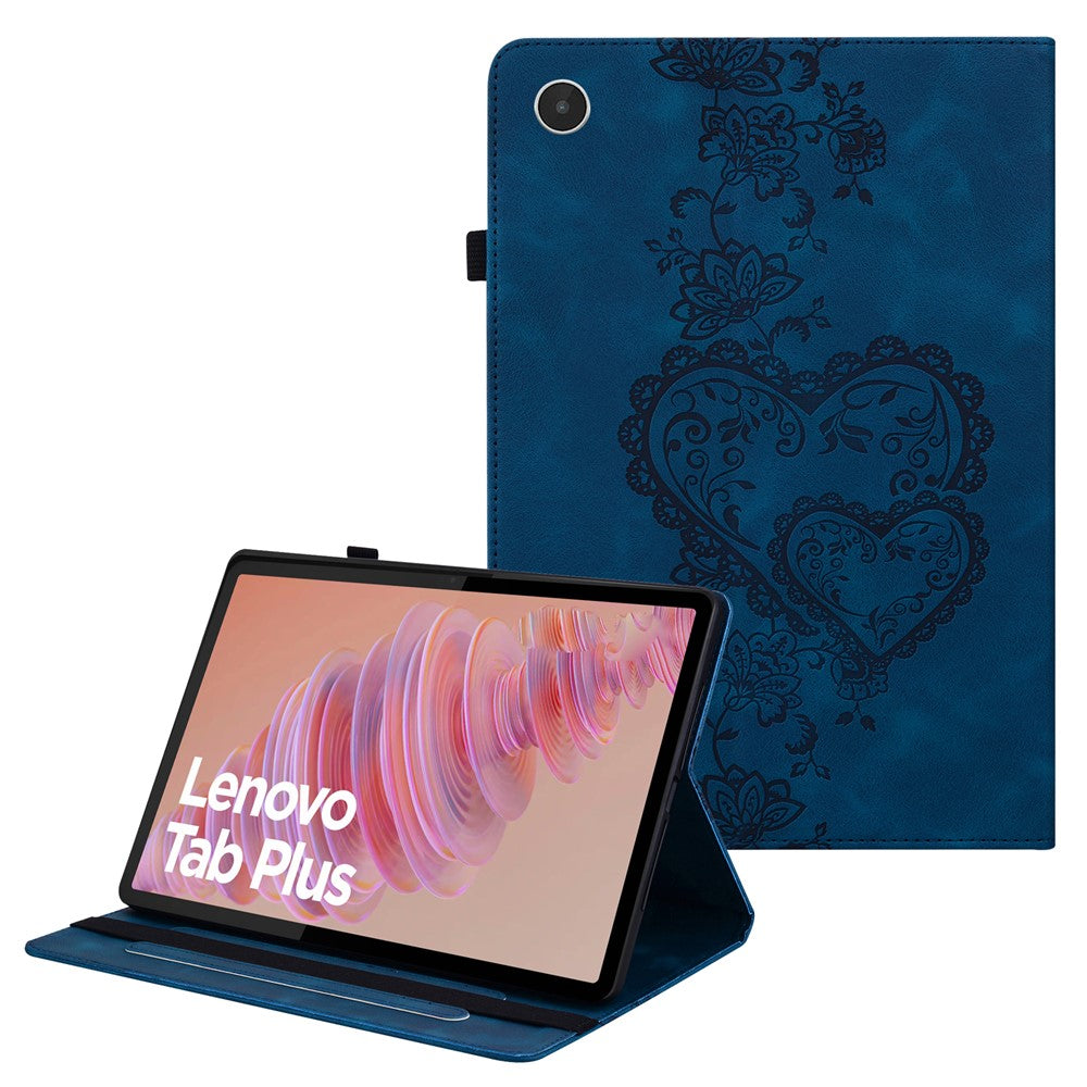 For Lenovo Tab Plus Leather Case Heart Imprint Foldable Stand Card Slot Stylus Holder Tablet Cover - Blue