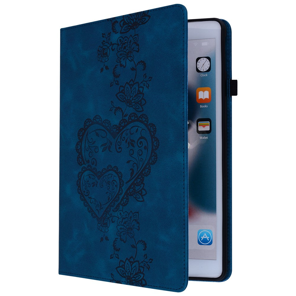 For Lenovo Tab Plus Leather Case Heart Imprint Foldable Stand Card Slot Stylus Holder Tablet Cover - Blue