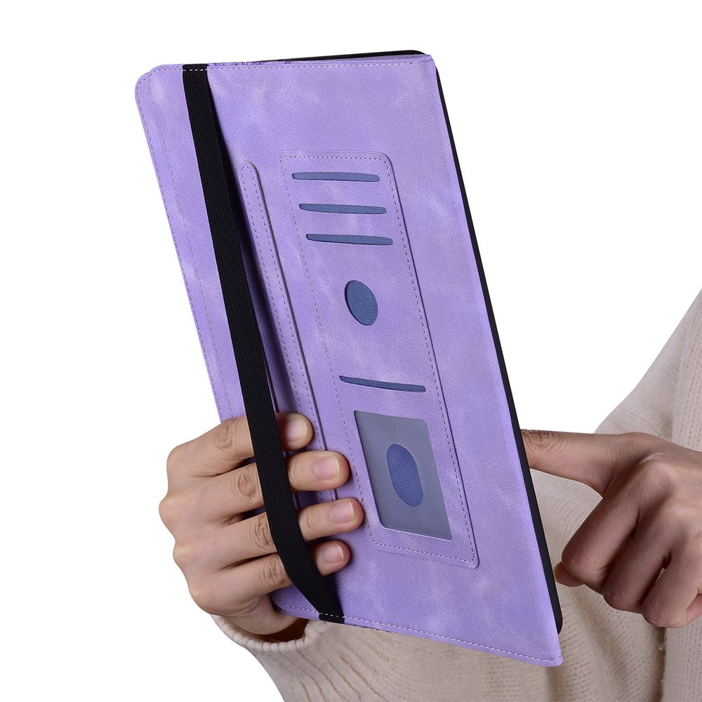 For Lenovo Tab Plus Leather Case Heart Imprint Foldable Stand Card Slot Stylus Holder Tablet Cover - Purple