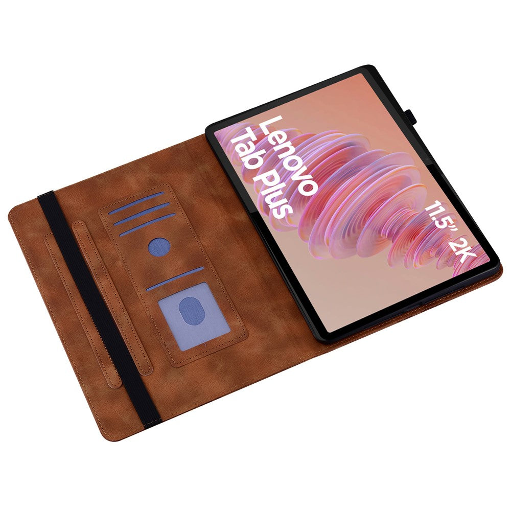 For Lenovo Tab Plus Leather Case Heart Imprint Foldable Stand Card Slot Stylus Holder Tablet Cover - Brown