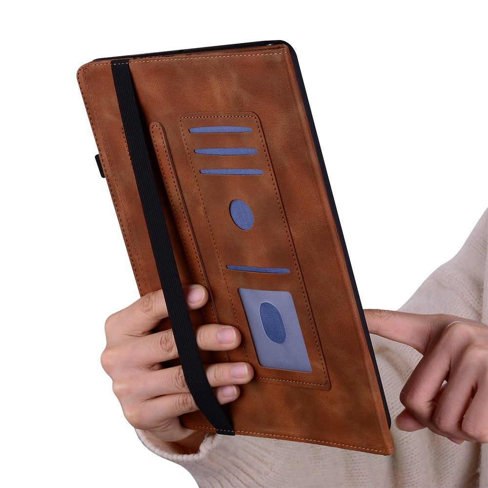 For Lenovo Tab Plus Leather Case Heart Imprint Foldable Stand Card Slot Stylus Holder Tablet Cover - Brown