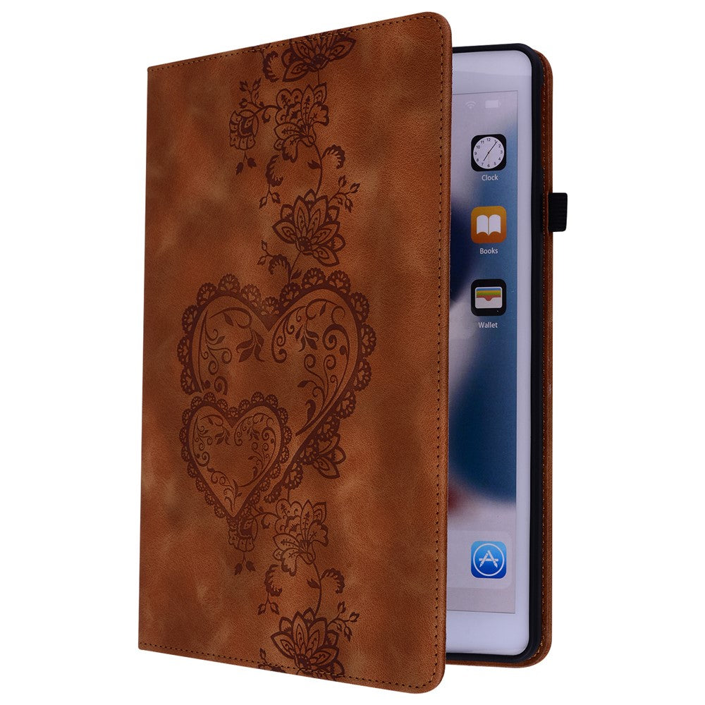 For Lenovo Tab Plus Leather Case Heart Imprint Foldable Stand Card Slot Stylus Holder Tablet Cover - Brown
