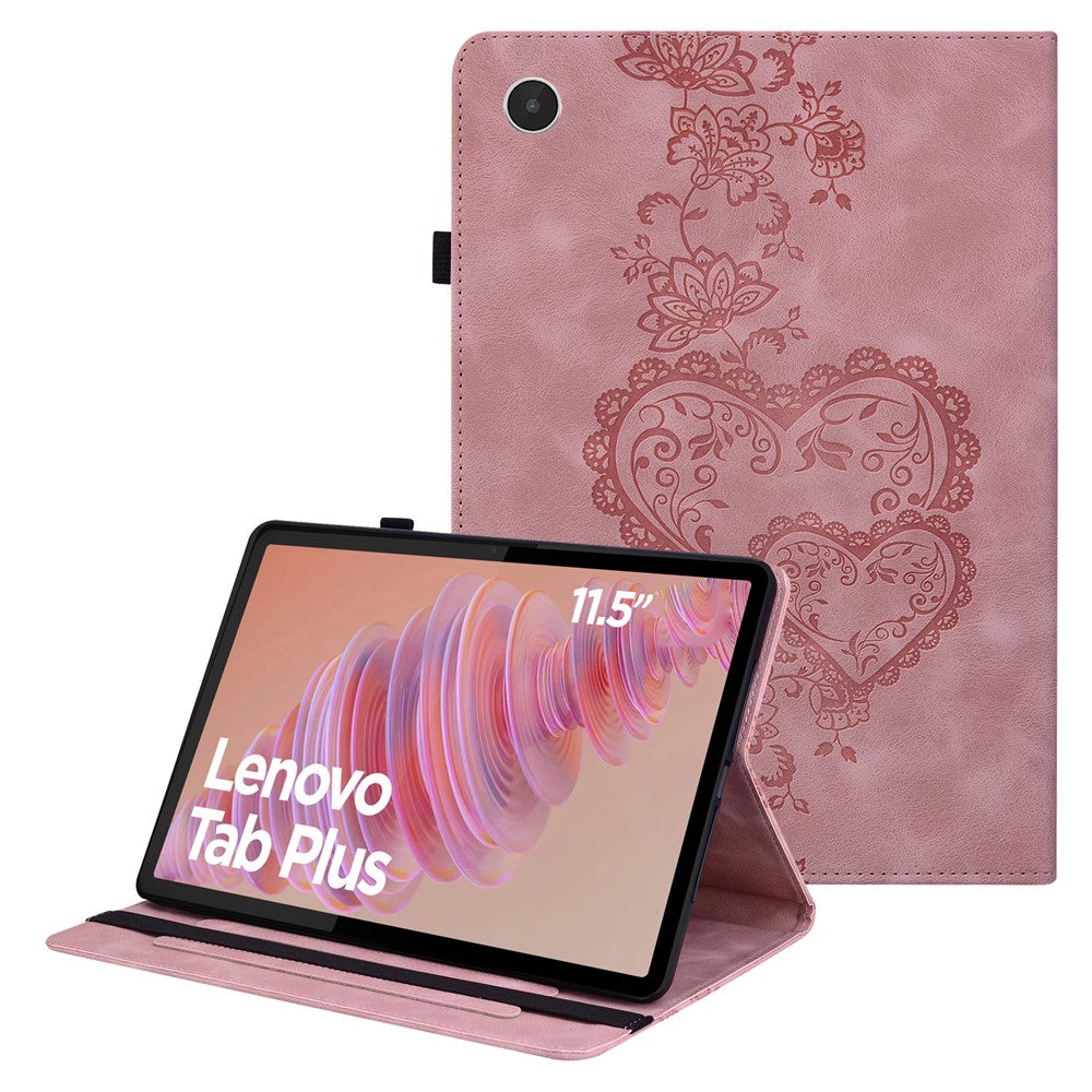 For Lenovo Tab Plus Leather Case Heart Imprint Foldable Stand Card Slot Stylus Holder Tablet Cover - Pink