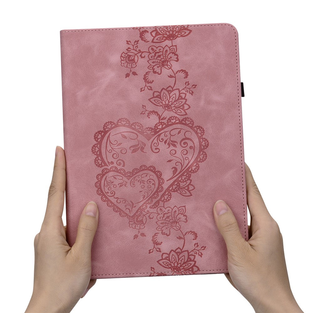 For Lenovo Tab Plus Leather Case Heart Imprint Foldable Stand Card Slot Stylus Holder Tablet Cover - Pink