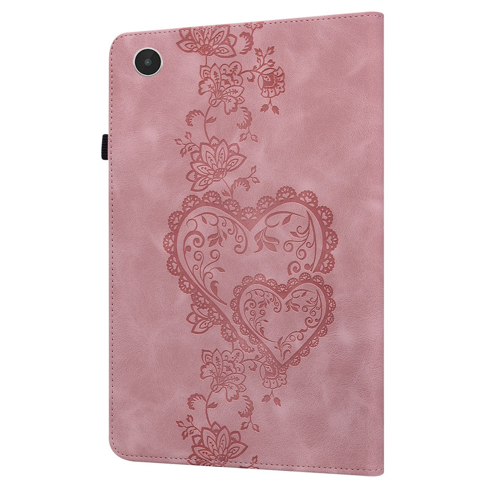 For Lenovo Tab Plus Leather Case Heart Imprint Foldable Stand Card Slot Stylus Holder Tablet Cover - Pink