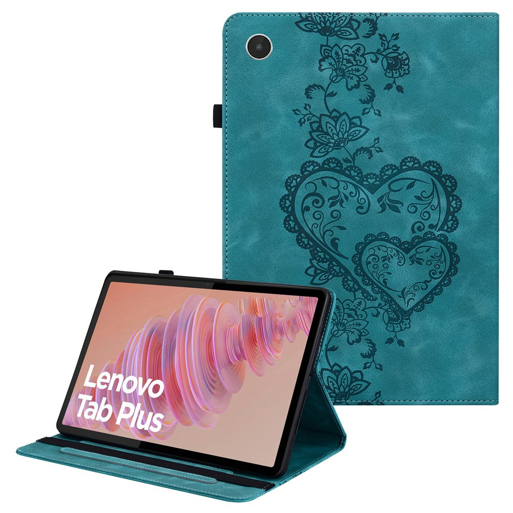 For Lenovo Tab Plus Leather Case Heart Imprint Foldable Stand Card Slot Stylus Holder Tablet Cover - Green