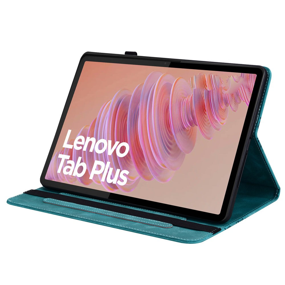 For Lenovo Tab Plus Leather Case Heart Imprint Foldable Stand Card Slot Stylus Holder Tablet Cover - Green