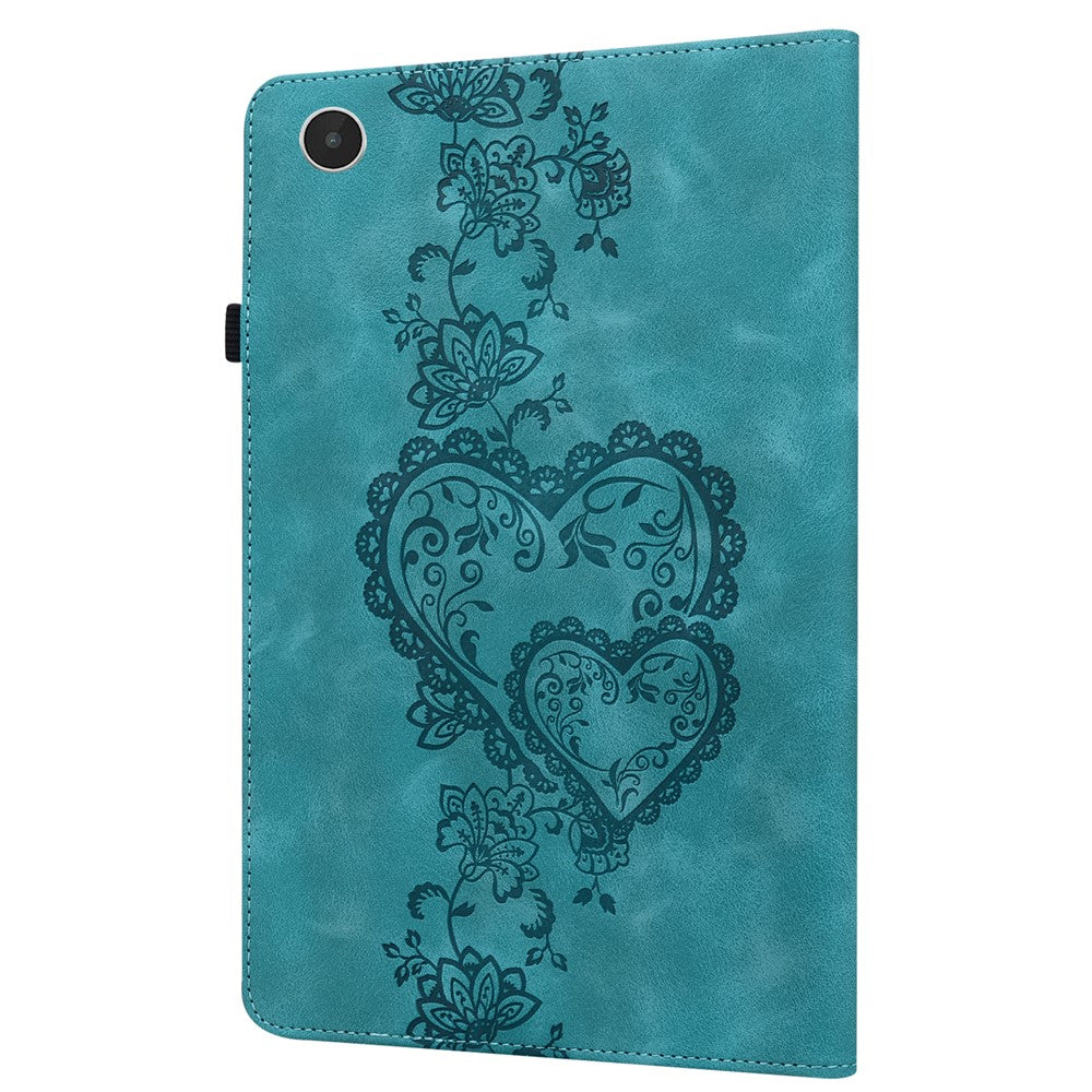 For Lenovo Tab Plus Leather Case Heart Imprint Foldable Stand Card Slot Stylus Holder Tablet Cover - Green
