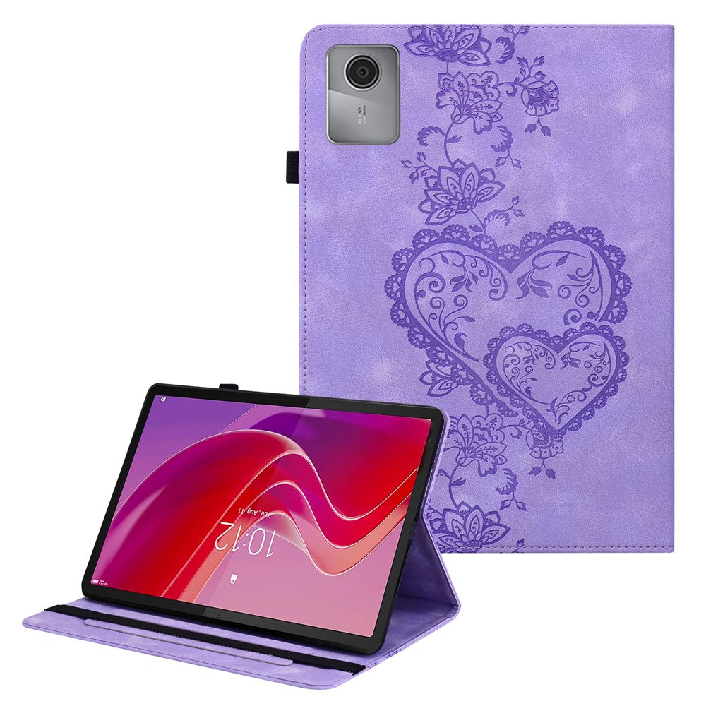 For Lenovo Tab M11 (TB-330FC) / Xiaoxin Pad 11 2024 (TB-331FC) Leather Case Heart Imprint Foldable Stand Card Slot Stylus Holder Tablet Cover - Purple