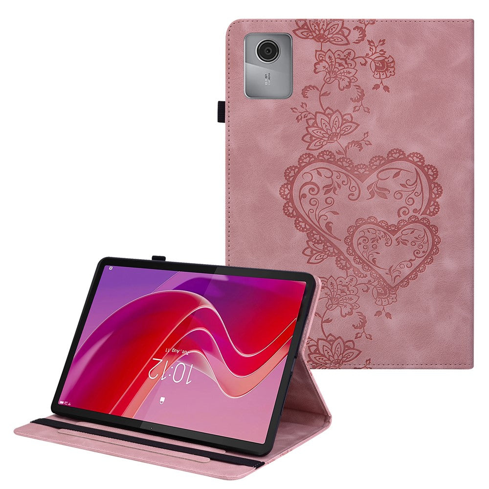 For Lenovo Tab M11 (TB-330FC) / Xiaoxin Pad 11 2024 (TB-331FC) Leather Case Heart Imprint Foldable Stand Card Slot Stylus Holder Tablet Cover - Pink