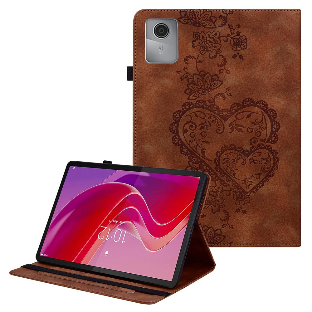 For Lenovo Tab M11 (TB-330FC) / Xiaoxin Pad 11 2024 (TB-331FC) Leather Case Heart Imprint Foldable Stand Card Slot Stylus Holder Tablet Cover - Brown