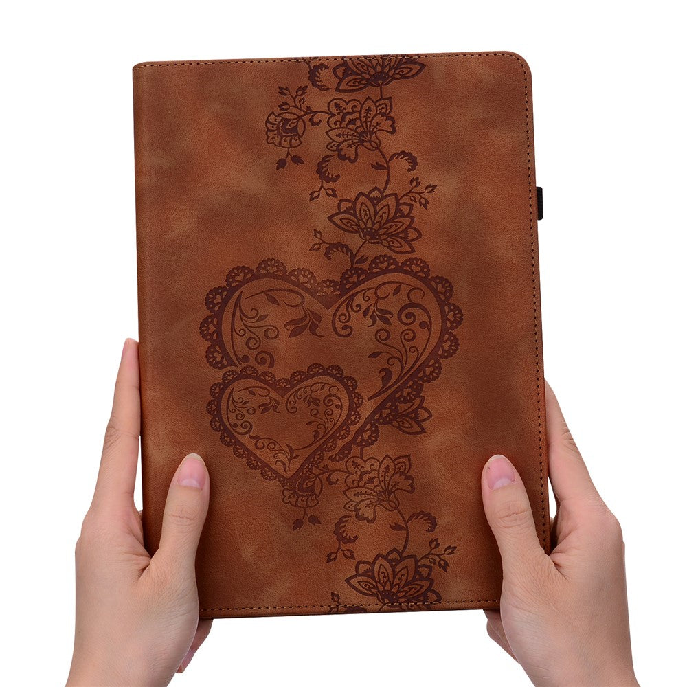 For Lenovo Tab M11 (TB-330FC) / Xiaoxin Pad 11 2024 (TB-331FC) Leather Case Heart Imprint Foldable Stand Card Slot Stylus Holder Tablet Cover - Brown