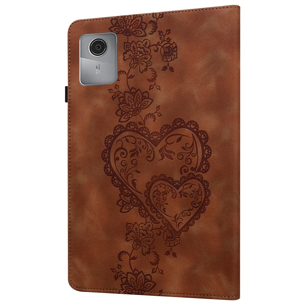 For Lenovo Tab M11 (TB-330FC) / Xiaoxin Pad 11 2024 (TB-331FC) Leather Case Heart Imprint Foldable Stand Card Slot Stylus Holder Tablet Cover - Brown