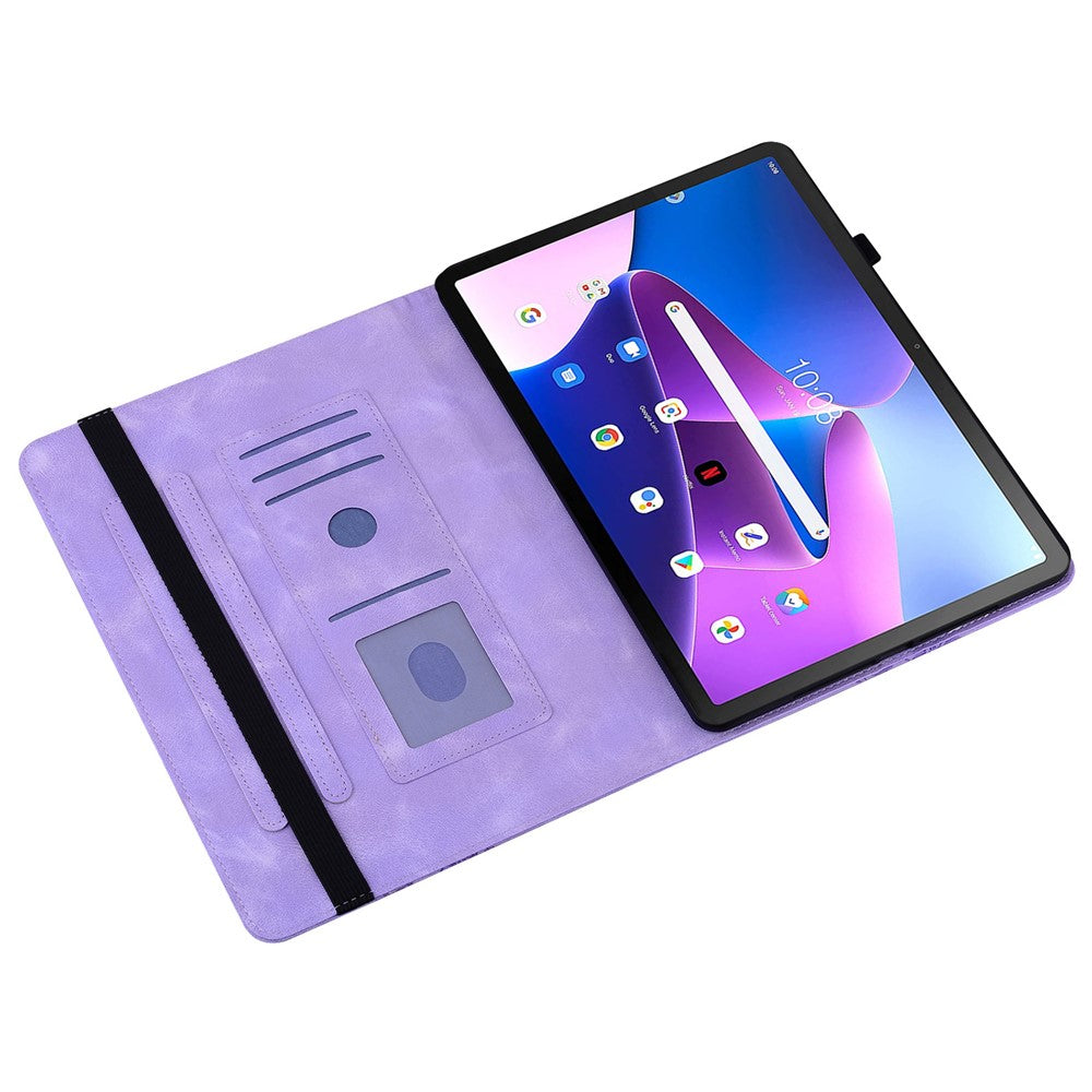 For Lenovo Tab M10 Plus (3rd Gen) Leather Case Heart Imprint Foldable Stand Card Slot Stylus Holder Tablet Cover - Purple